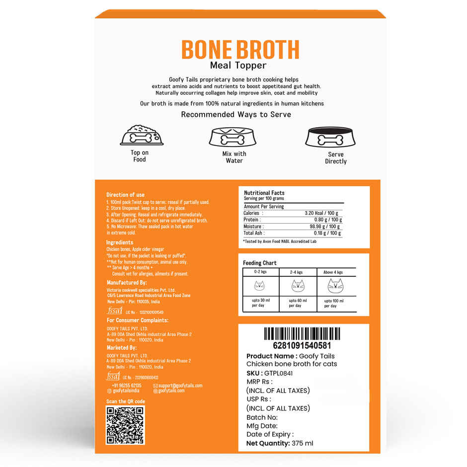 Goofy Tails Chicken Bone Broth for Cats and Kittens Preservative Free Gut Friendly Food Topper