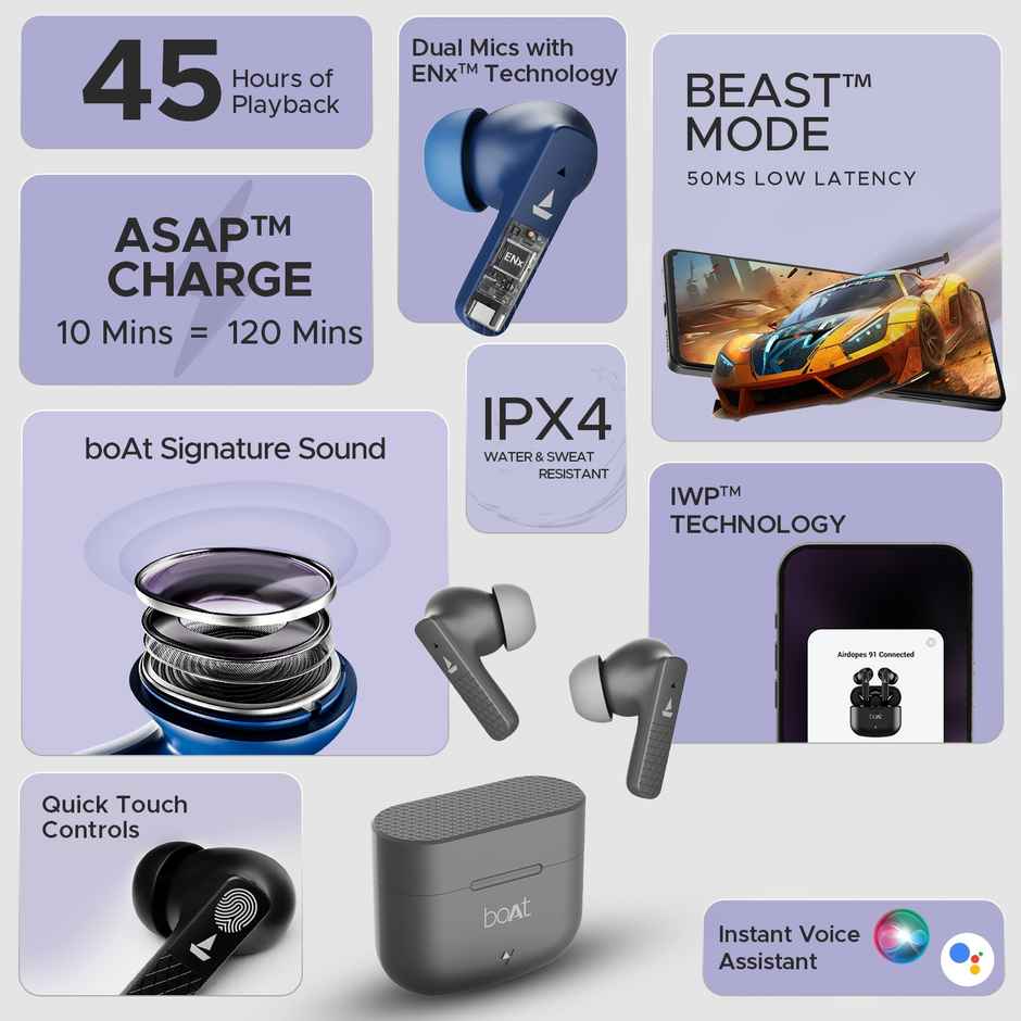 boAt Airdopes 91 TWS Earbuds w/ 45H Playtime, Dual Mics w/ ENx & BEAST Mode (Active Black)