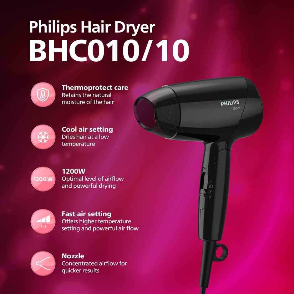 Philips India's No.1 Hair Styling Brand - Foldable Hair Dryer 1200W BHC010/10 | Black