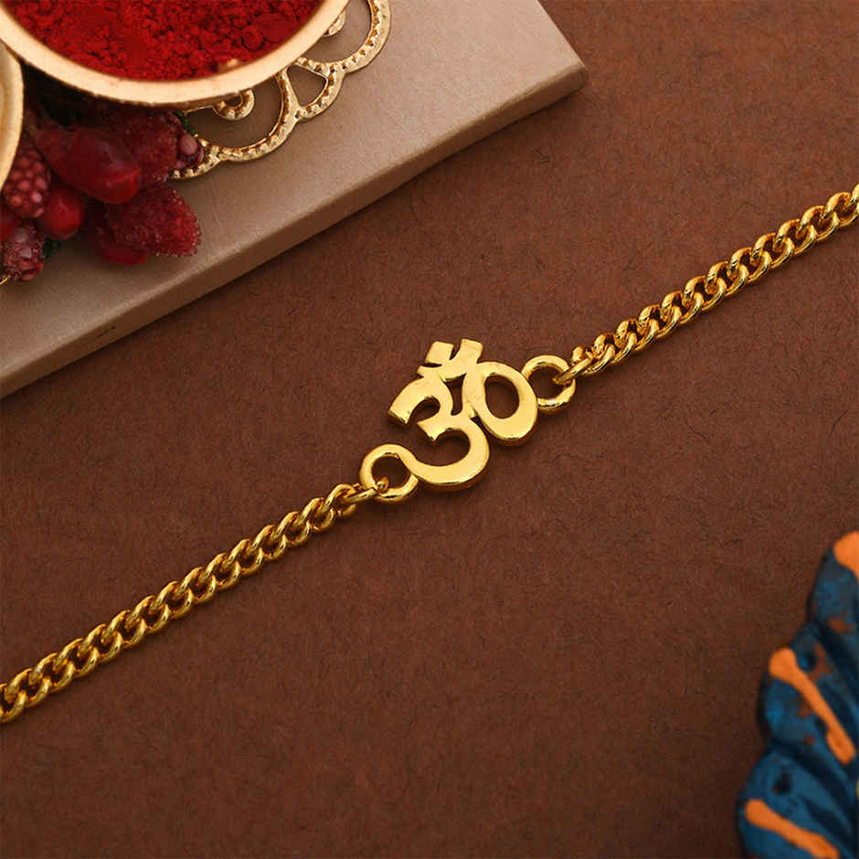 Religious Auspicious Gold Tone Om Bracelet Style Rakhi (Voylla)