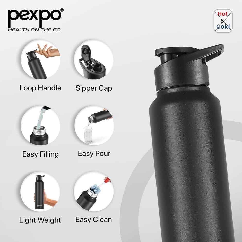 Pexpo Stainless Steel Chromo Sports/Fridge Sipper Water Bottle | Knight Black | 1 L