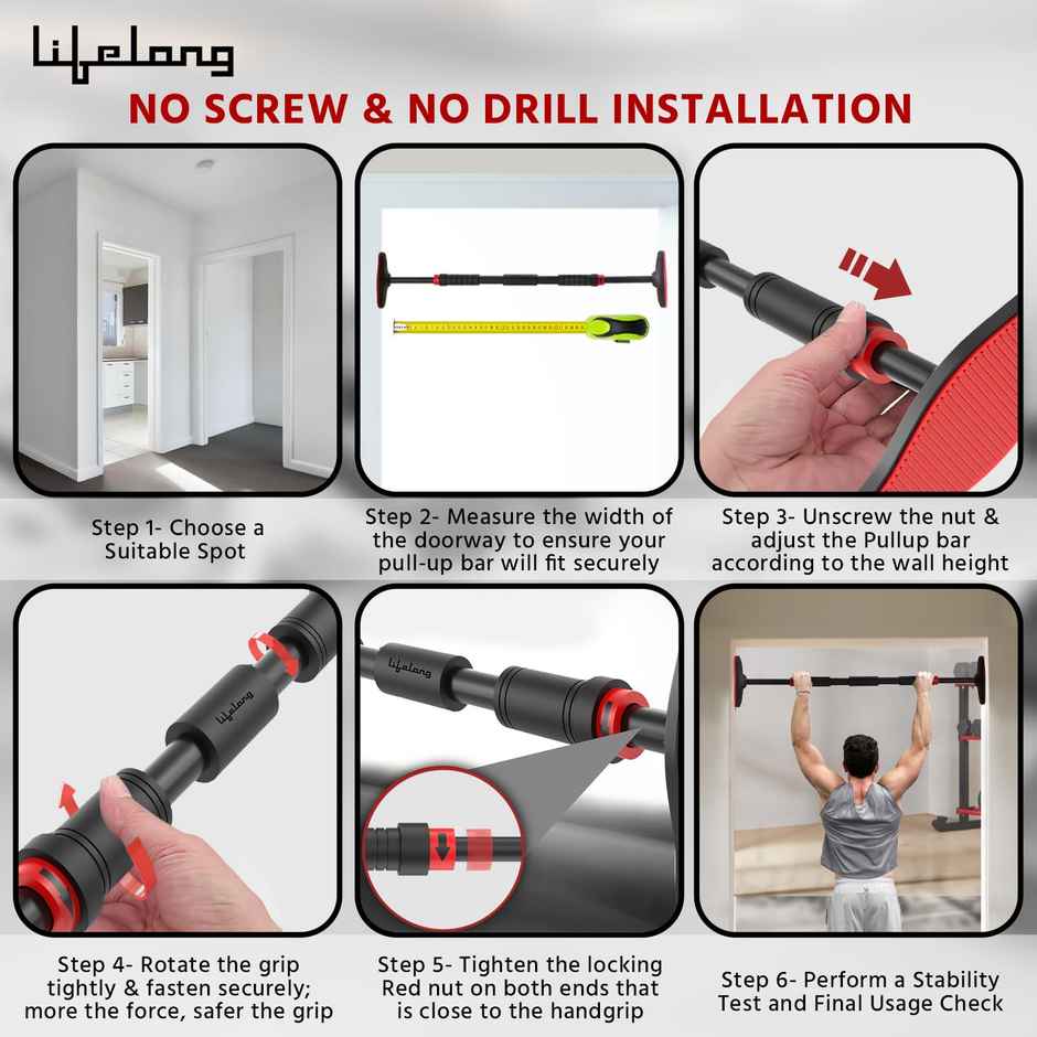 Lifelong Pull Up Bar for Home -Adjustable Rod 65cm to 95cm width,Chin up Bar weight capacity 200Kgs