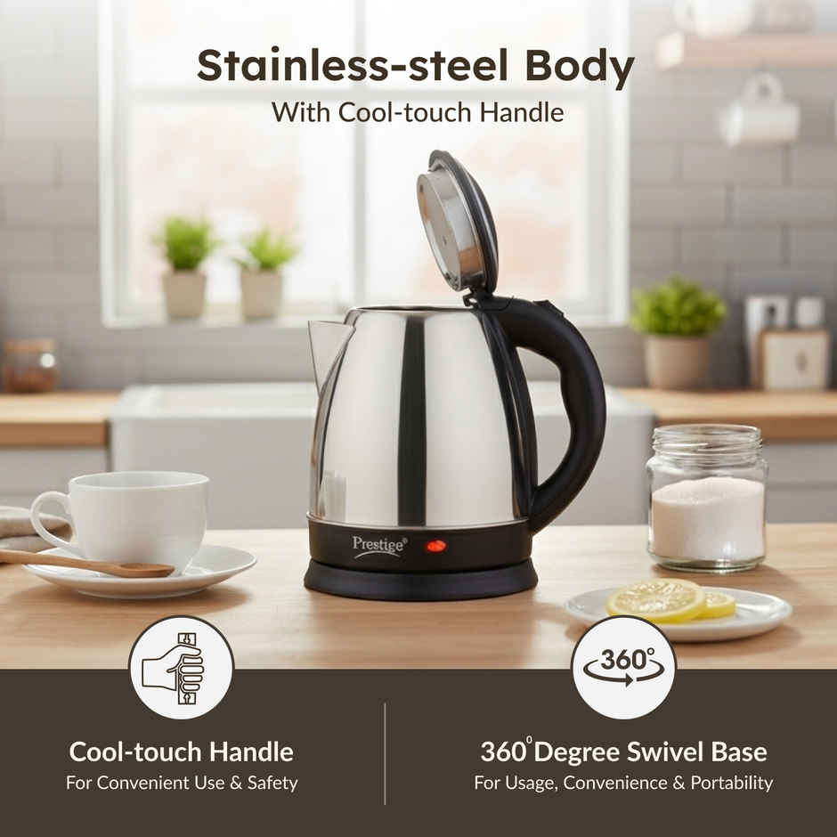 Prestige PKOSS Electric Kettle with Stainless Steel body, 1.5L Capacity, 1350 Watts - Silver & Black
