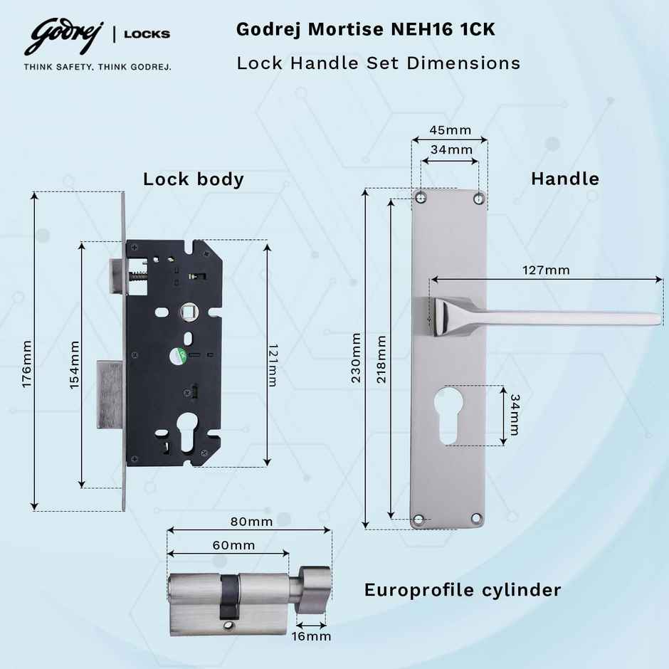 Godrej Mortise Lock NEH 16-1Ck | Europrofile | 5-Pin Mechanism | Satin Steel Finish