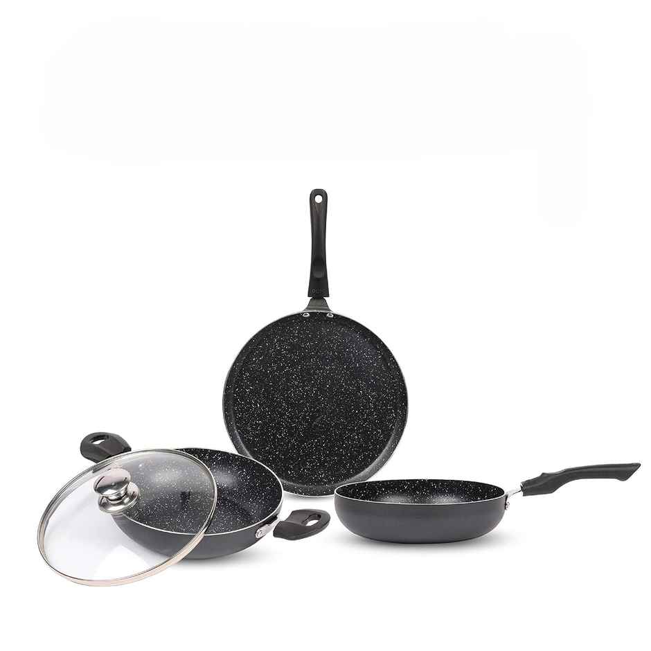 Cello Crown Induction Base Cookware Set with Spatter & Bakelite Handles| 3 pcs| Black