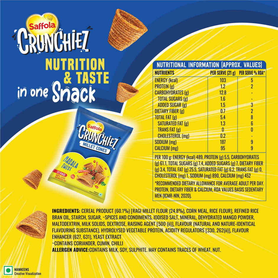 Saffola Crunchiez (Munchiez) Ragi Chips Masala Twist, Tasty and Healthy Snacks Chips