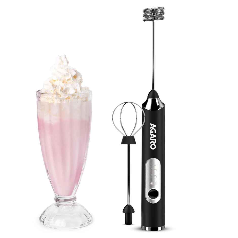 AGARO Royal Milk Frother | 3-Speed Electric Frother With Whisk | Stand-up Design | Rechargeable | Stainless Steel - Black