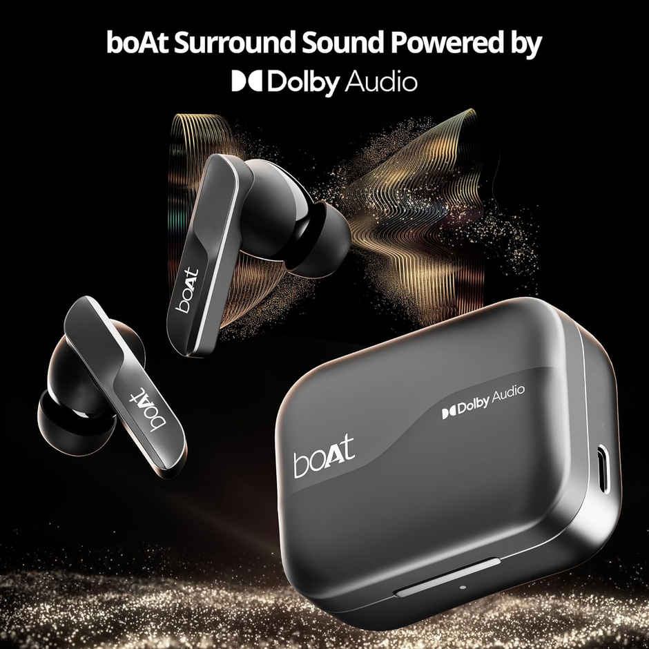 boAt Airdopes 800 TWS Earbuds, Dolby Audio, Adaptive EQ by Mimi, 4Mics AI ENx, App Support, Fast Charge, Low Latency, IPX5, v5.3 Bluetooth - Interstellar Black