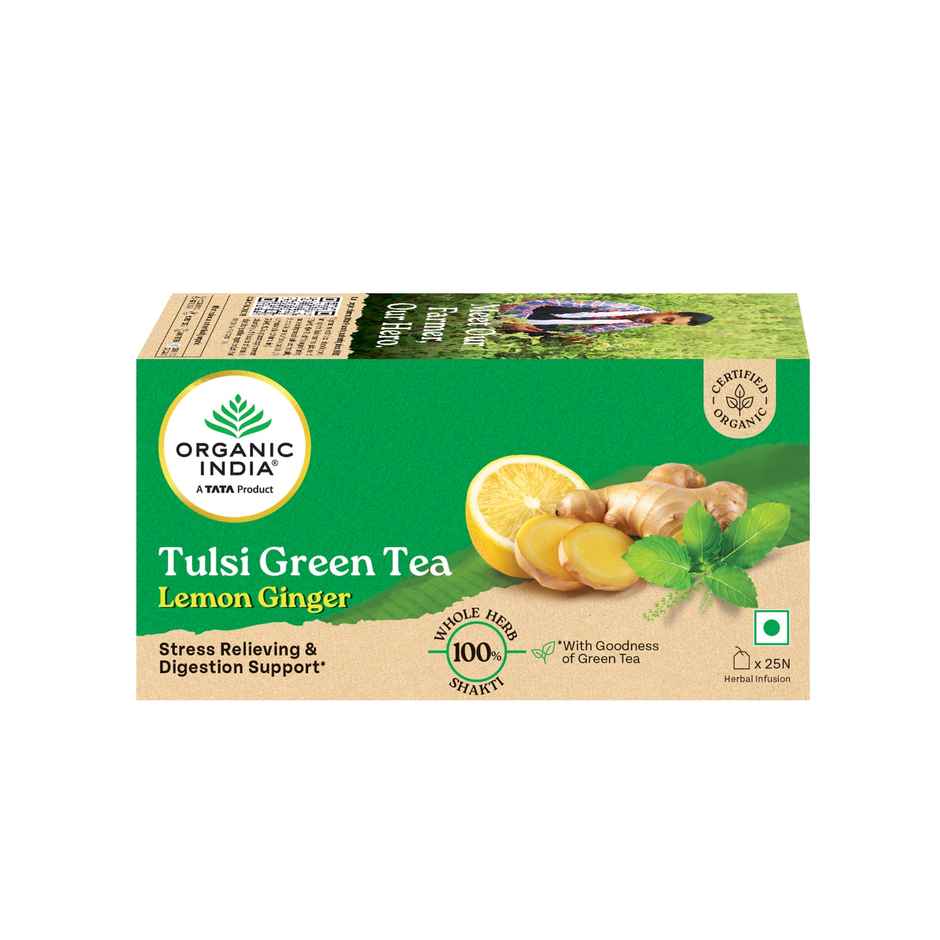 A TATA Product - Organic India Tulsi Green Tea Lemon Ginger - 25 Tea Bags, Supports Digestion