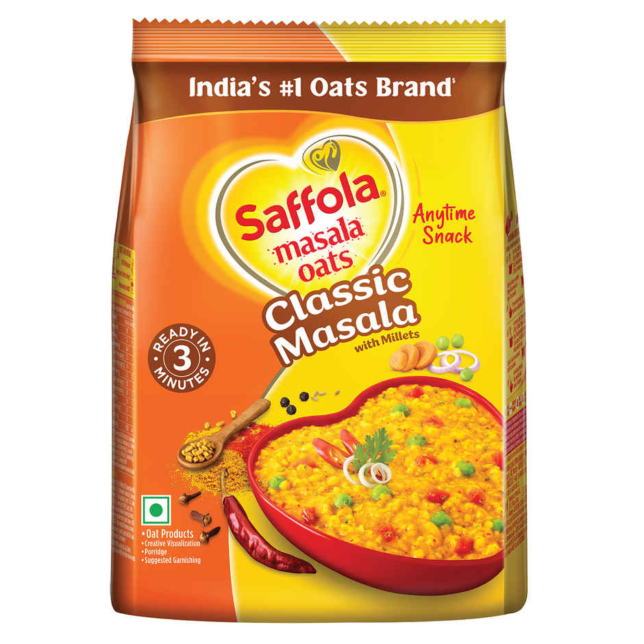 Saffola Masala Oats |Classic Masala | Anytime Snack | Ready in 3 mins | Millets Goodness | 225g