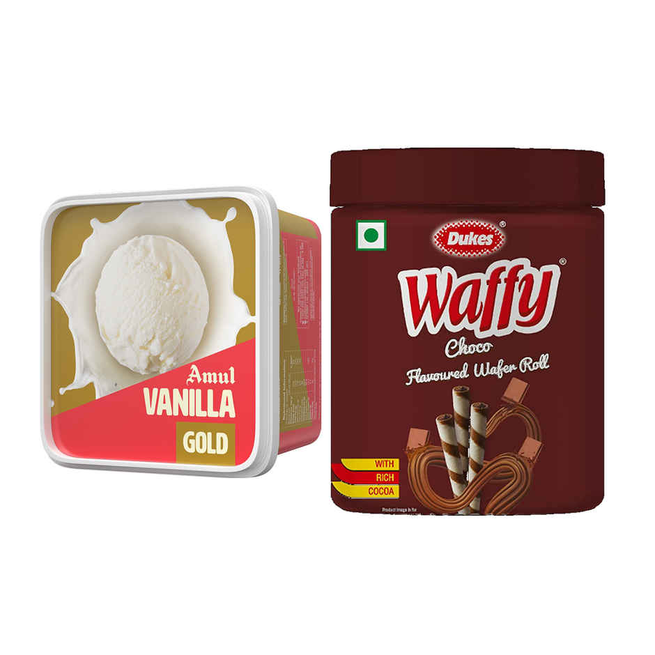 Amul Gold Vanilla Ice Cream(1l) & Dukes Waffy Chocolate Wafer Rolls(250gms) Combo