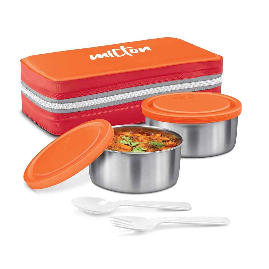 Milton Plastic New Mini Lunch Insulated Tiffin | Set Of 2 | | 280 ml Each With Bag | Orange