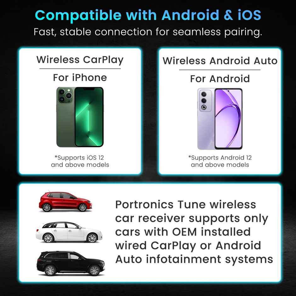 Portronics Tune Wireless Car Receiver, Converts Wired Auto Android & CarPlay to Wireless | Black