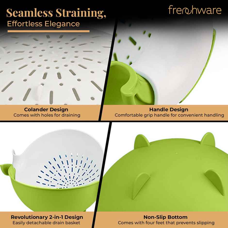 Frenchware Plastic Colander Bowl, Food-Grade Plastic, BPA-Free, Dishwasher-Safe - Green & White