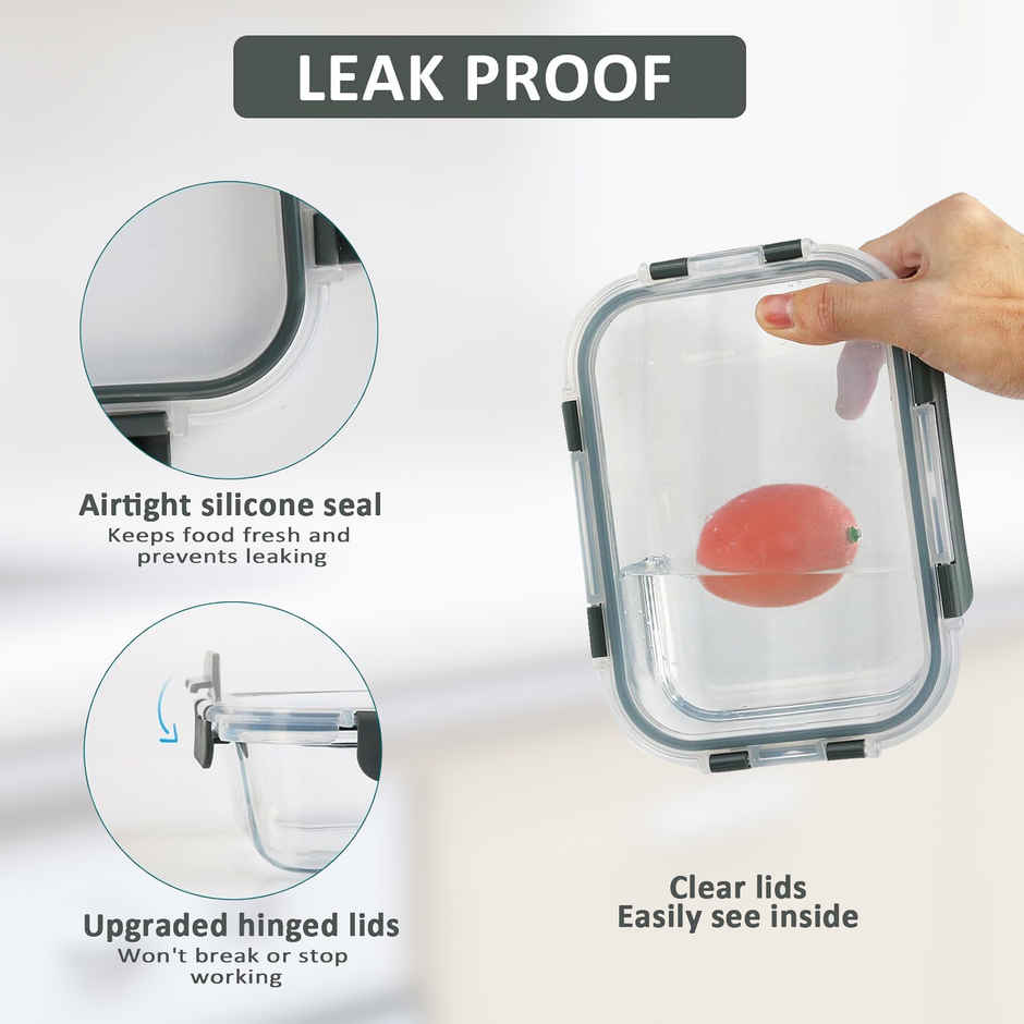 Cutting EDGE 370ml & 640ml Borosilicate Glass Lunch Box|Set of 2|Detachable Lock|Microwave Safe|Grey