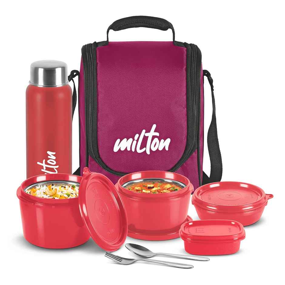 Milton Pro Lunch Box (3 Inner Steel Containers, 1 Plastic Dabba, Bottle, & Spoons) With Bag, Maroon