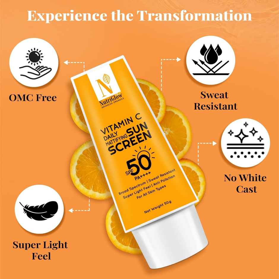 NutriGlow Advanced Organics Sunscreen - SPF 50 PA++++ Vitamin C Mattifying Sunscreen