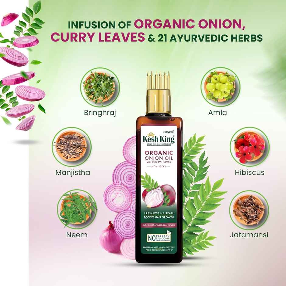Kesh King Organic Onion Oil With Curry Leaves Up To 98% Less Hairfall