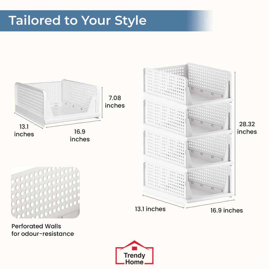 Senego by Trendy Home Folding Wardrobe Clothes Organizer - Pack of 4, Stackable (White)