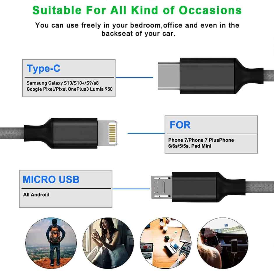 Bestor 3-in-1 Multi Charging Cable - Nylon Braided Fast Charging Cable for Android, iOS, Type-C Devices - Compatible with Smartphones & Tablets - Black