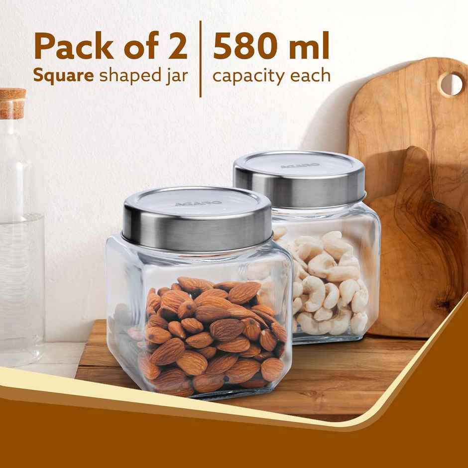Agaro Elegant Cube Jar 580 ml, Steel Lid, Storage Glass Container, Pack of 2