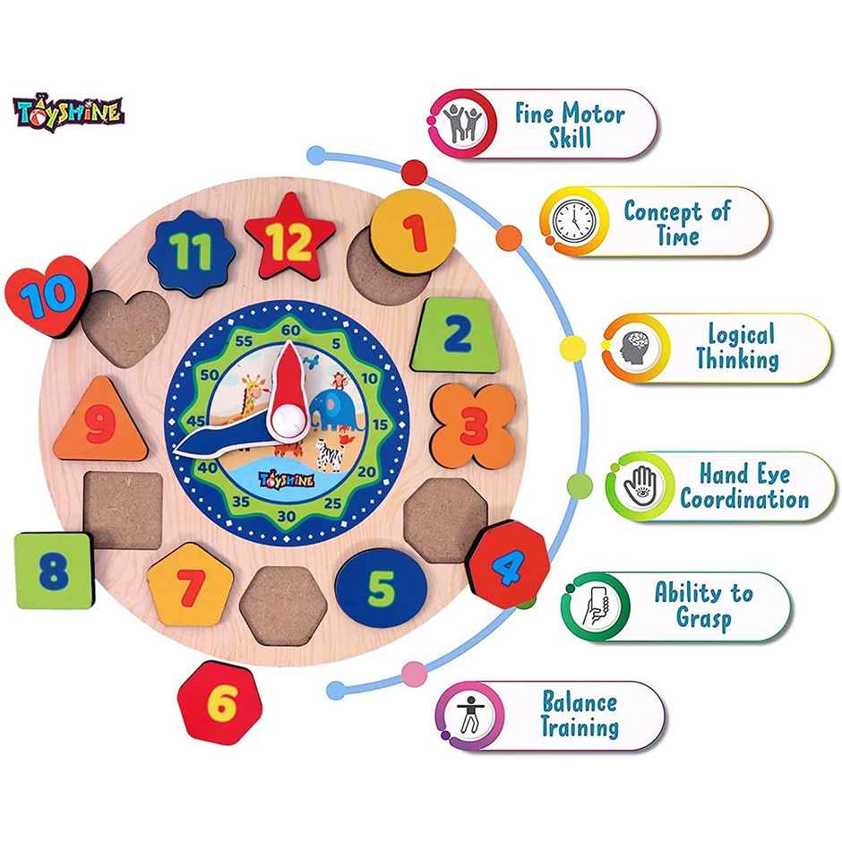 Toyshine Wooden Learning Clock - Educational Montessori Toy With Shapes & Colors