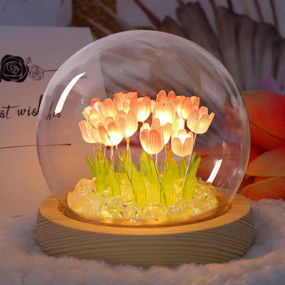 DesiDiya Round Tulip Crystal Ball LED Night Light For Valentine For Girlfriend, Wife, Love One
