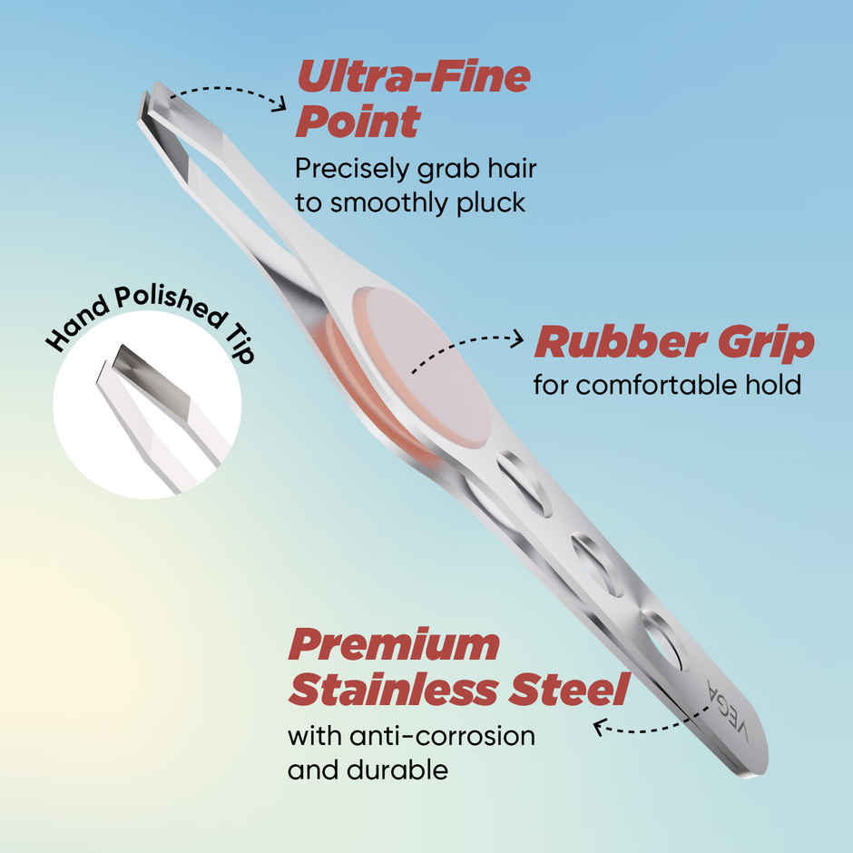 Vega Tweezer with Stainless Steel Square Tip, Rubber Grip for Women & Men (TW-04)