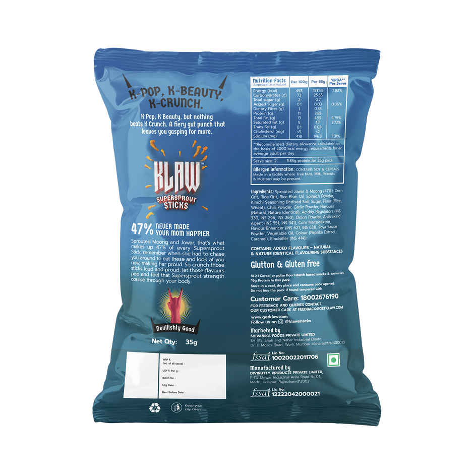 Klaw Korean Kick | Sprouted Moong & Jowar Sticks | Baked | No Palm Oil | High Protein