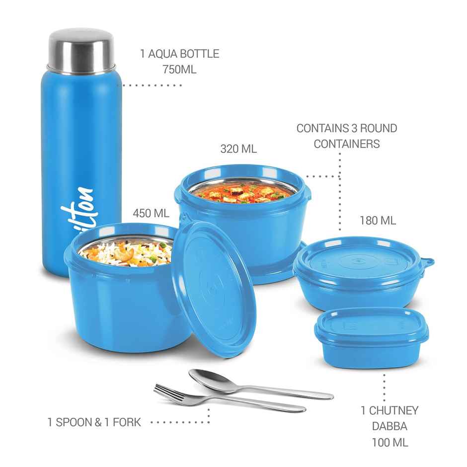 Milton Pro Lunch Box (3 Inner Steel Containers, 1 Plastic Dabba, Bottle, & Spoons) With Bag, Blue