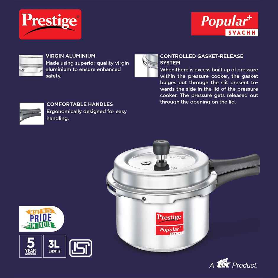 Prestige Aluminium Outer Lid Popular Plus Svachh Spillage Control Pressure Cooker, 3 L (Silver)