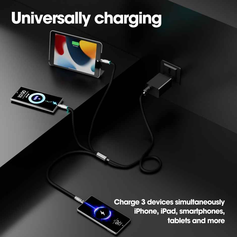Sounce 3-in-1 120W Portable Fast Charging Data Cable | USB-C - Lightning & Micro-USB | Black