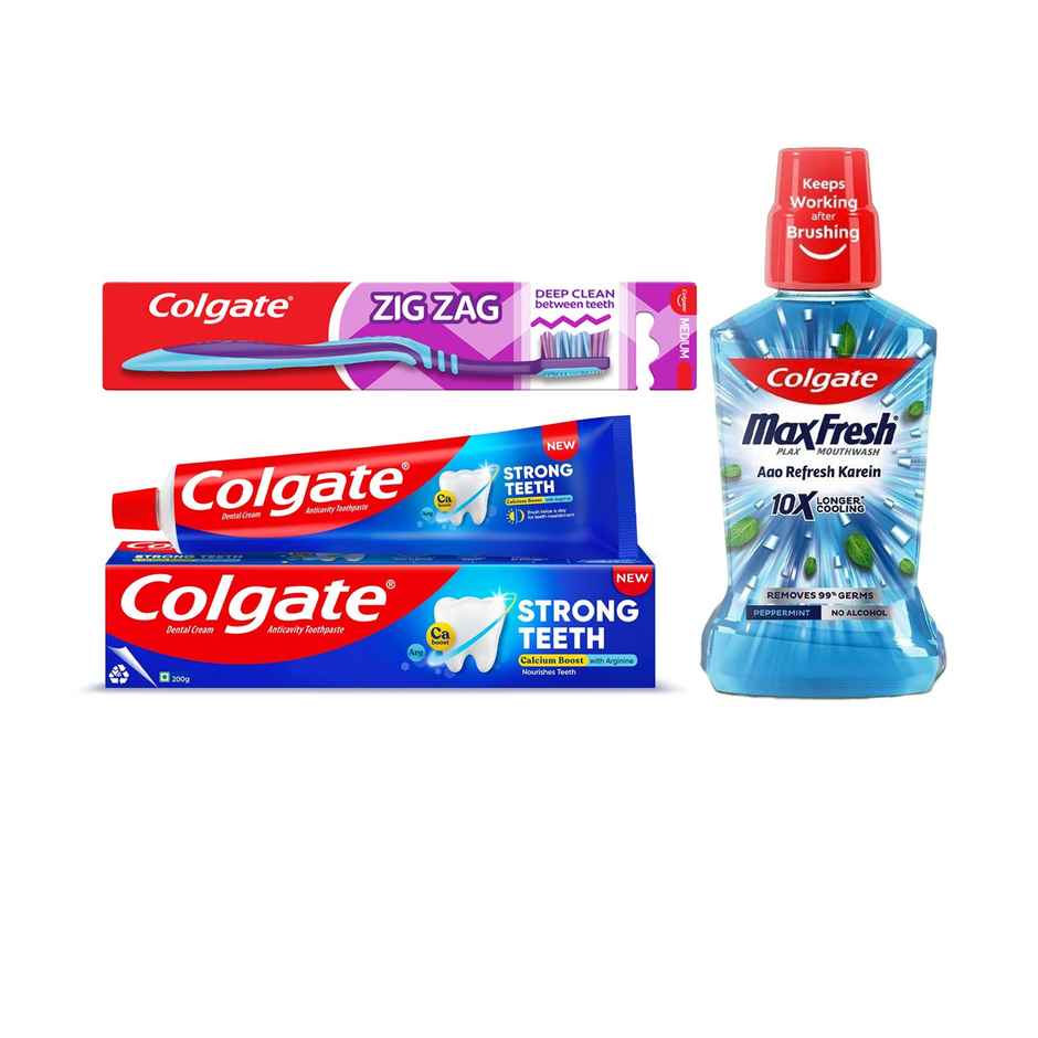 Colgate Zigzag Medium Bristle Toothbrush (1pc) & Colgate Plax Peppermint Mouthwash (250ml) & Colgate Strong Teeth Anticavity Toothpaste (200g) Combo