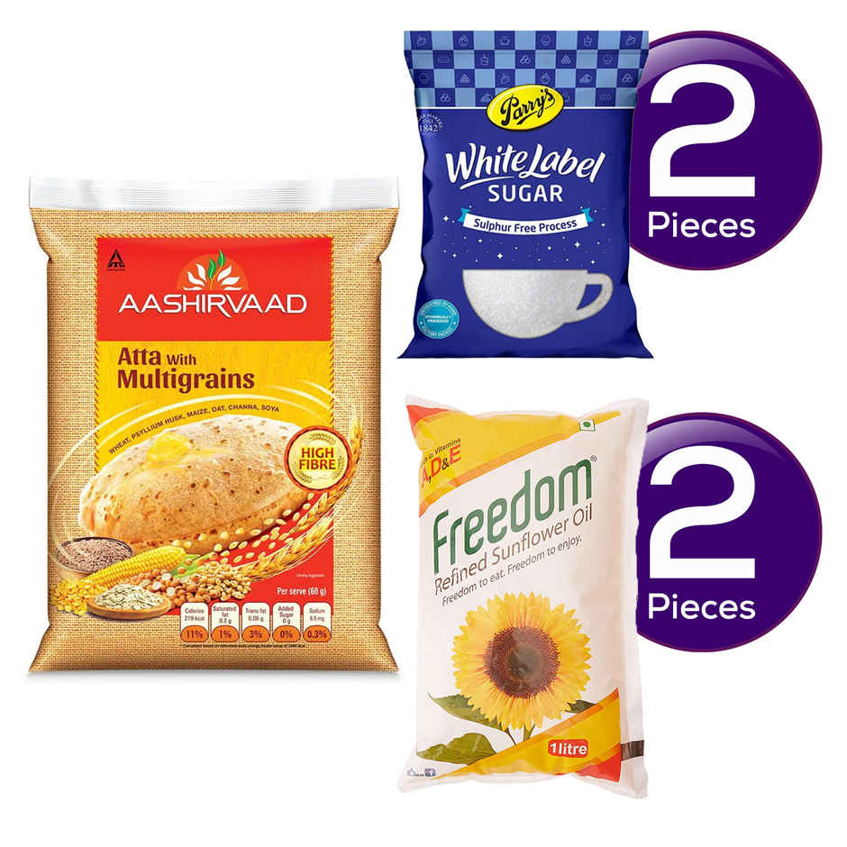 Aashirvaad Atta With Mutigrains(5kg), Freedom Refined Sunflower Oil(1l) & Parrys White Label Sugar(1kg) Combo