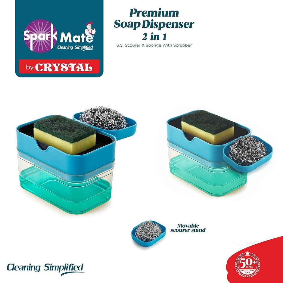 Sparkmate By Crystal Premium Soap Dispenser 2 In 1 - Ss Scourer & Sponge With Scrubber