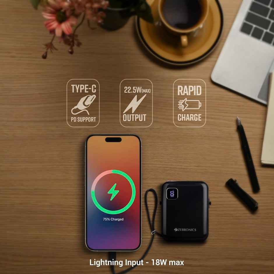 Zebronics MW64 Power Bank, 10K mAh, Rapid Charge, 22.5W Output, Type C Port (Black)