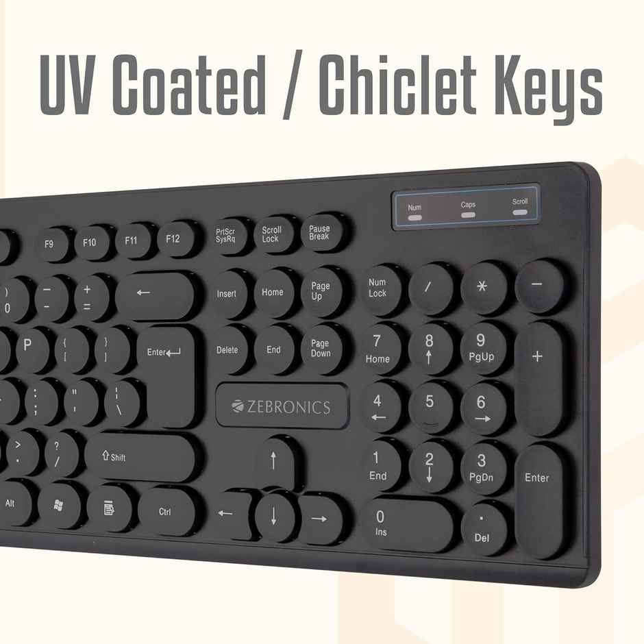 Zebronics K24 Wired USB Keyboard, 104 Keys, Long Life 8 Million Keystrokes, Silent & Comfortable Use, Slim Design, Retractable Stand, 1.5 Meter Textured Cable, UV Coated keycaps -  Black