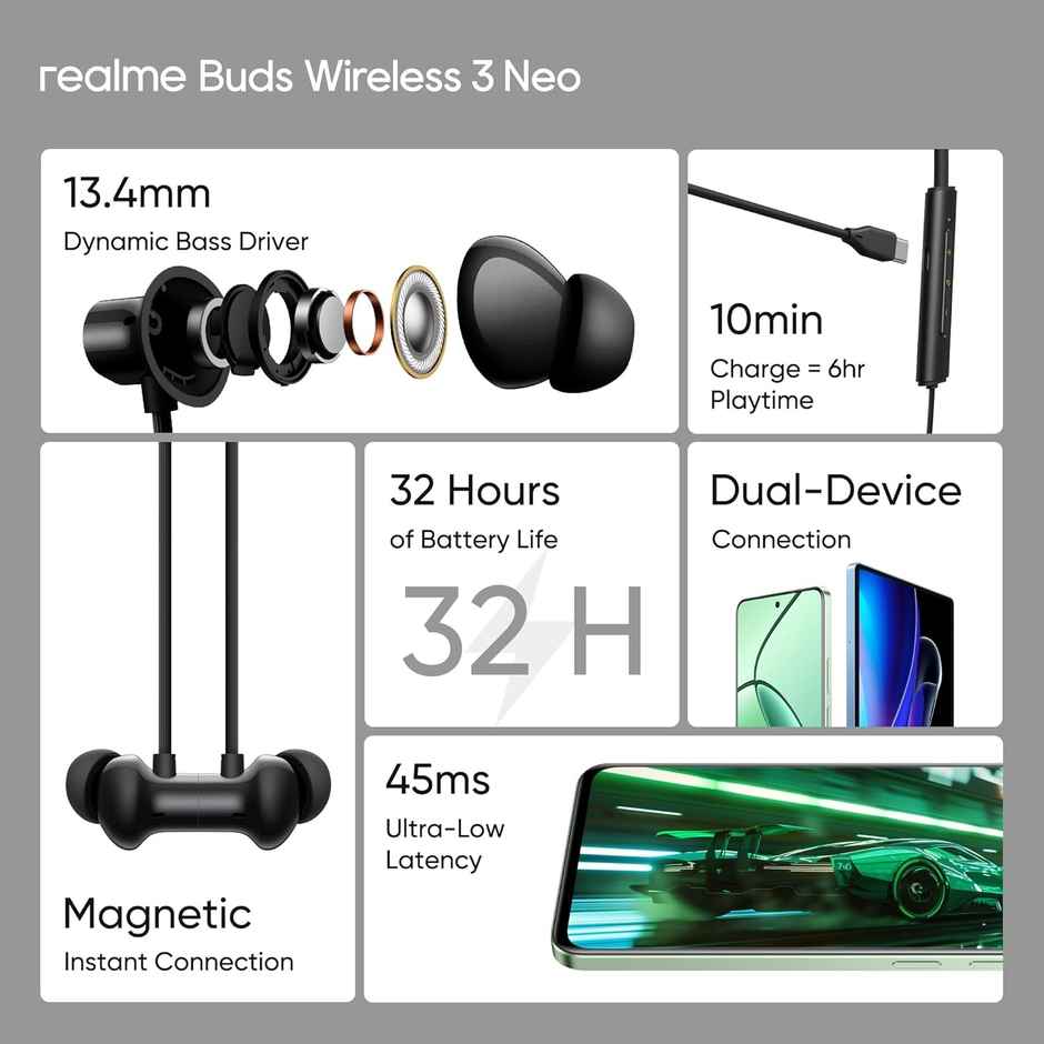 realme Buds Wireless 3 Neo in Ear Bluetooth Neckband with 13.4 Mm Dynamic Bass Boost Driver,Upto 32 Hours Playback,Fast Charge,Ai Enc,45Ms Low Latency,Ip55 Dust&Water Resistannt&Bluetooth V 5.4 - Black