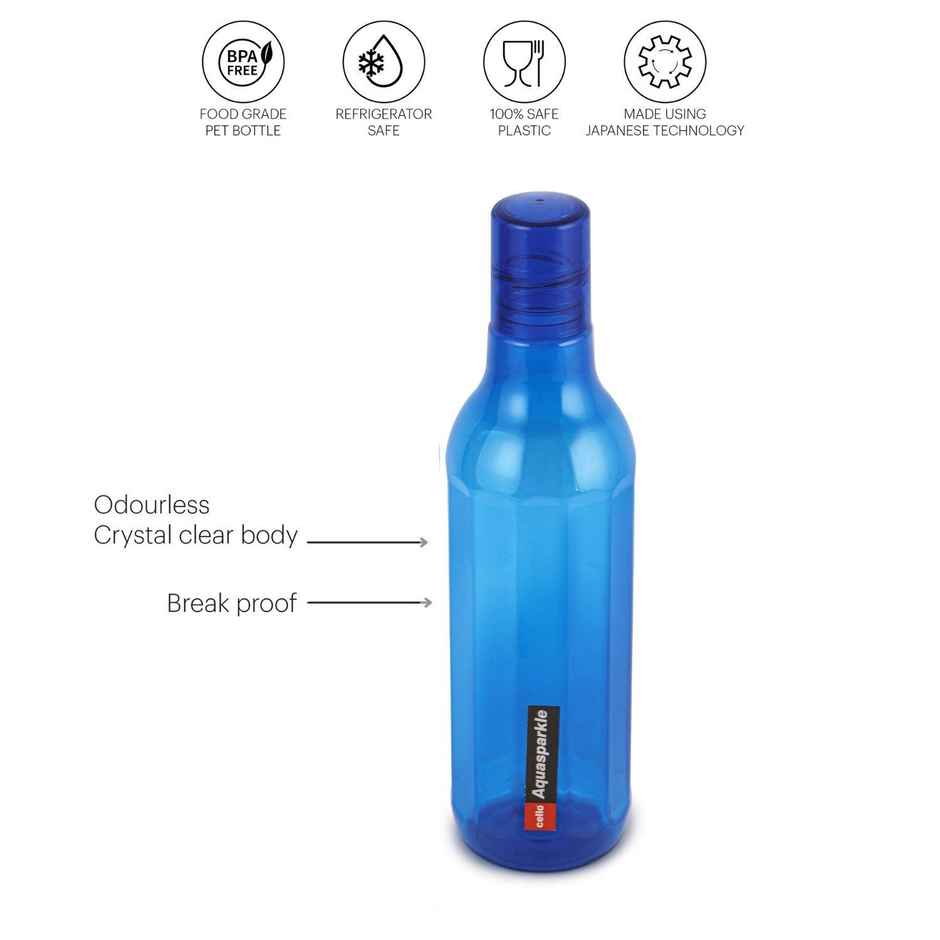 Cello Plastic Aqua Sparkle Water Bottle, 100% Food Grade, Leak Proof and Break Proof | Blue | 1 L