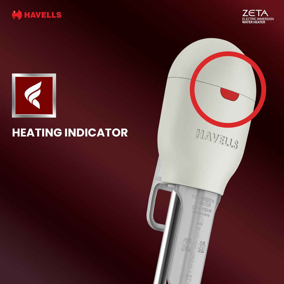 Havells Zeta 1000 watt Immersion Heater | ISI Mark Heavy Duty 3 Pin Moulded Plug | Grey