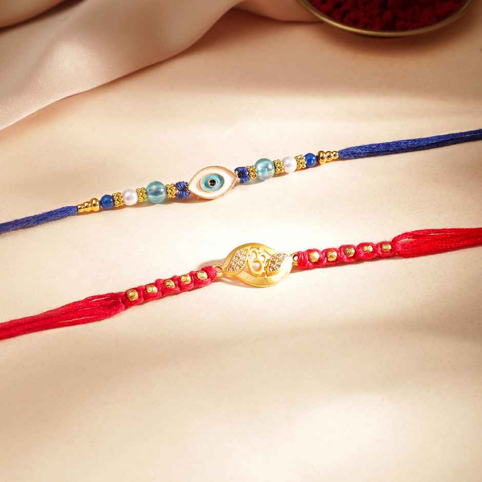 Rubans Gold Toned Evil Eye and Om Motif Stone Studded Rakhi - Protective Pair