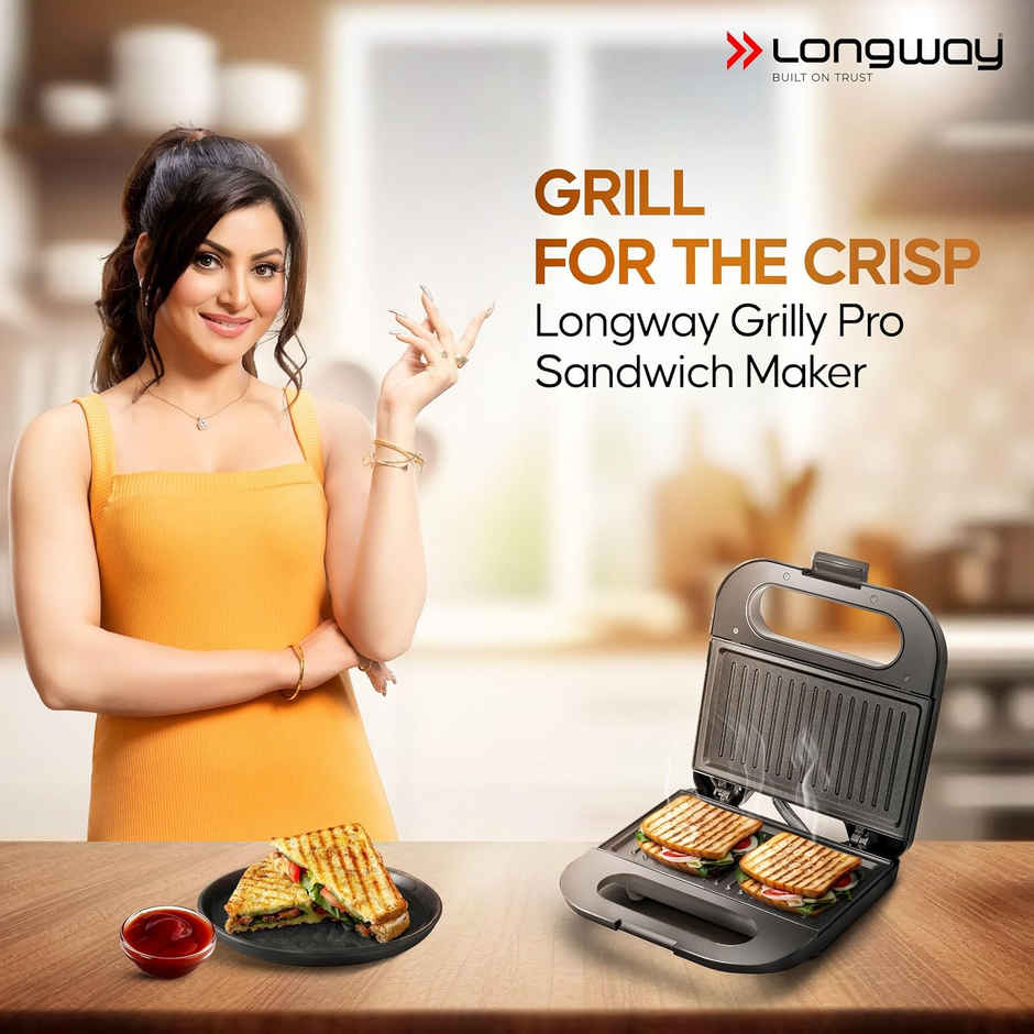 Longway Grilly Pro 850W Grill Sandwich Maker&Toaster,Non-stick Coating Cast Aluminum-Metallic Silver