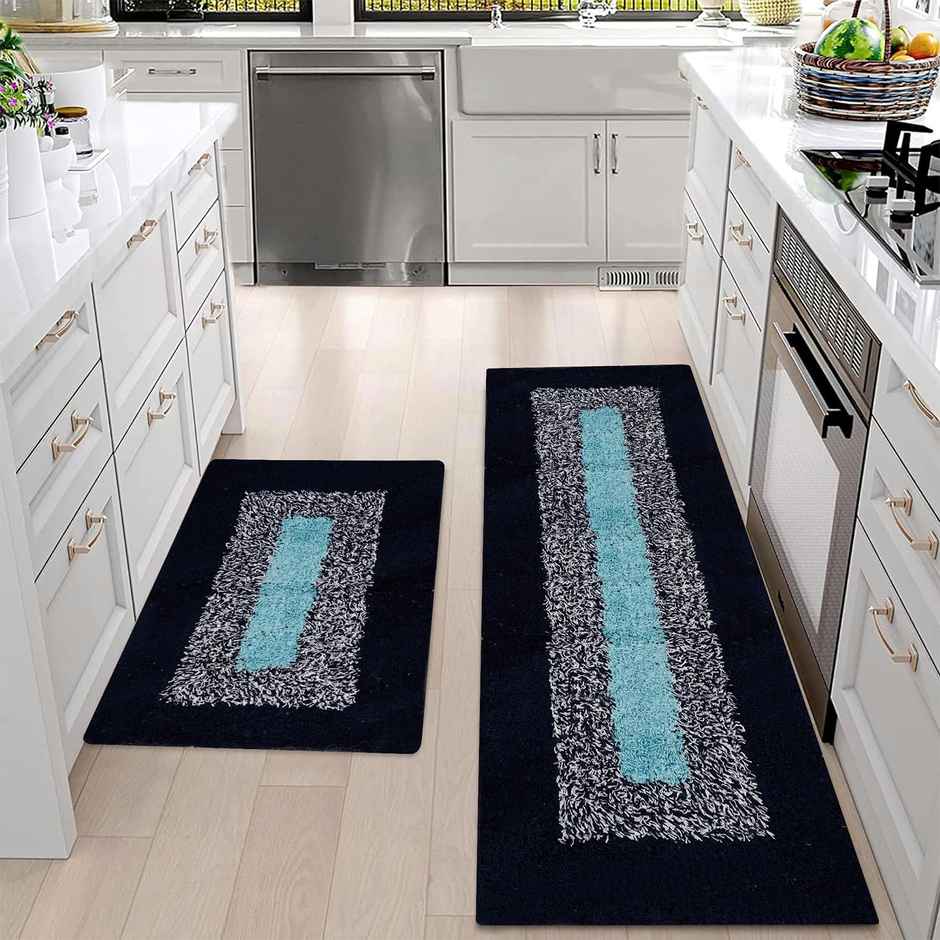 Kuber Industries Cotton Border Kitchen Set|Kitchen Floor Door Mat Runner Set|2 Pcs Set|Blue
