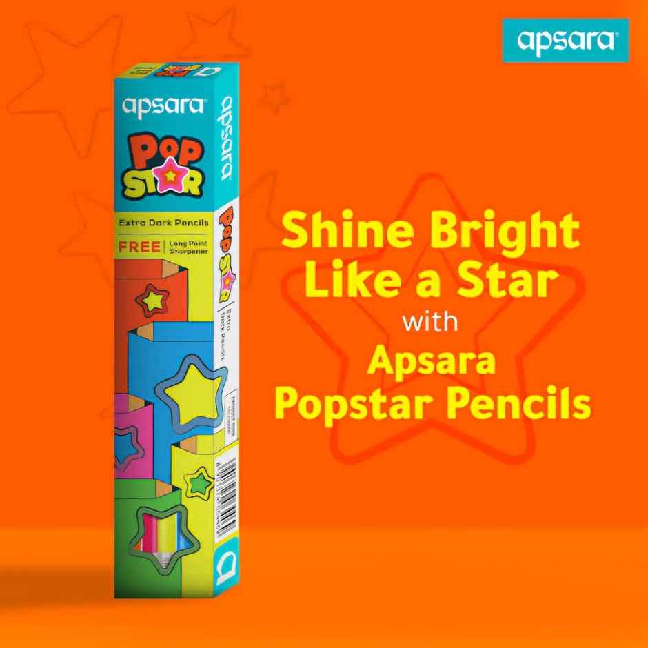 Apsara Popstar Pencils 5 Neon Shades With Extra Dark Lead & Star Rubber Tip