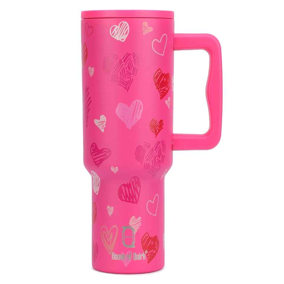 House of Quirk Stainless Steel Tumbler with Handle & Lid, 2 Straws | Rose Heart - 1200 ml