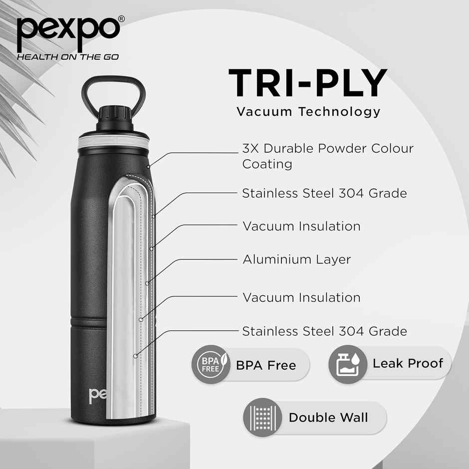 Pexpo Altros Stainless Steel Hot & Cold Vacuum Insulated Flask | 940 ml | Knight Black