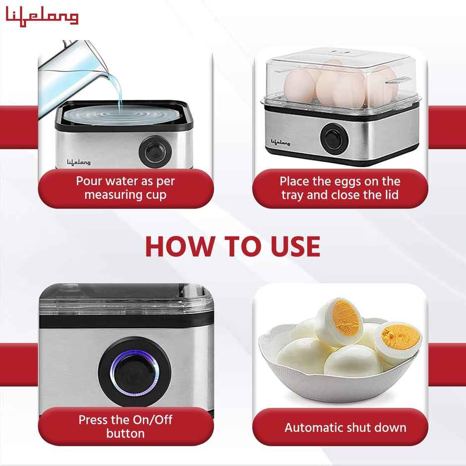 Lifelong 2-in1 Egg Boiler and Poacher, 500-Watt, Boil 8 eggs, Poach 4 eggs, Easy to clean| 3 Boiling Modes, Stainless Steel Body and Heating Plate, Automatic Turn-Off
