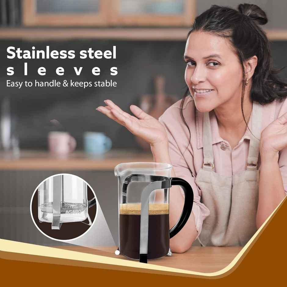 Agaro Classic French Press Coffee And Tea Maker Glass Carafe, Bpa Free Plastic Lid Strainer, 600Ml