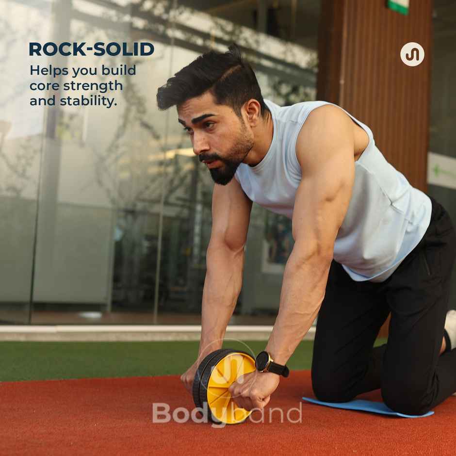 Bodyband Abs Roller Wheel For Stomach, Abs Home Workout Gym With Knee Mat-Yellow