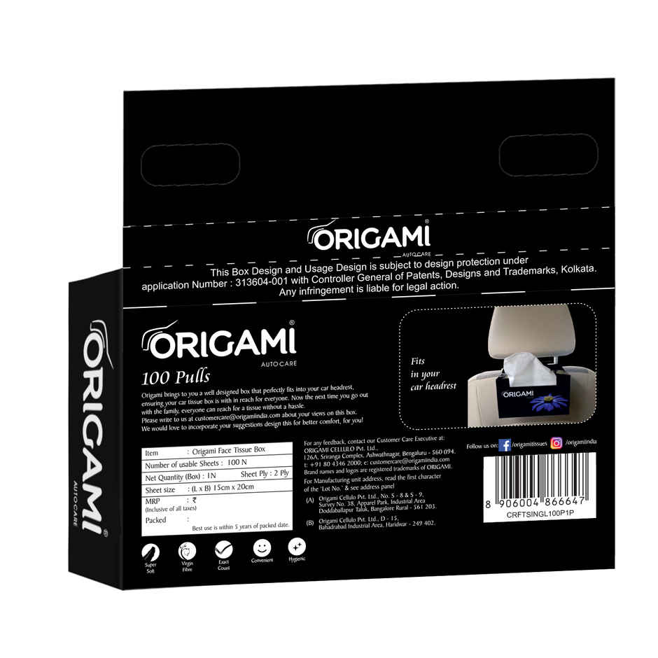 Origami 2 Ply Car Tissue Box Soft & Absorbent Fits Perfectly in Headrest - 100 Pulls